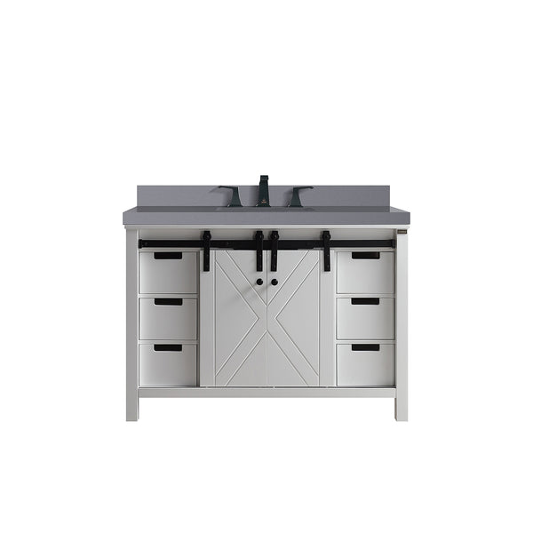 English Elm White 48-inch Bath Vanity with Grey Quartz Top, Soft-Close Drawers, Matte Black Faucet Included B2731P260118