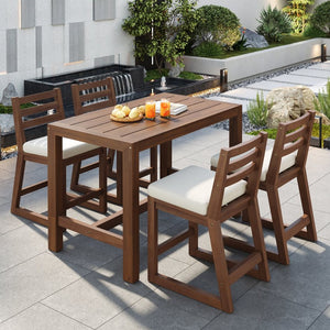 English Elm Trexm Solid Acacia Outdoor Bar Set Five Piece Rustic Slatted Counter Height Patio Mocha TM000029AAP