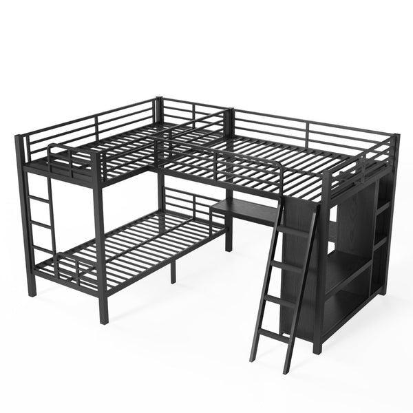 English Elm L-shaped Triple Bunk Bed with Desk Wardrobe Metal Frame for Teen Shared Rooms W5305S00003