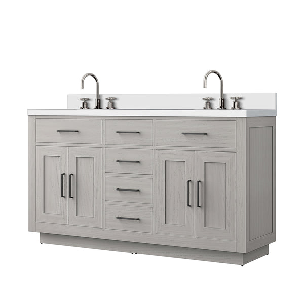 English Elm White Oak Double Bath Vanity 60 in W x 22 in D with Cultured Marble Top, Chrome Faucets, Soft-Close Cabinets B2731P257766