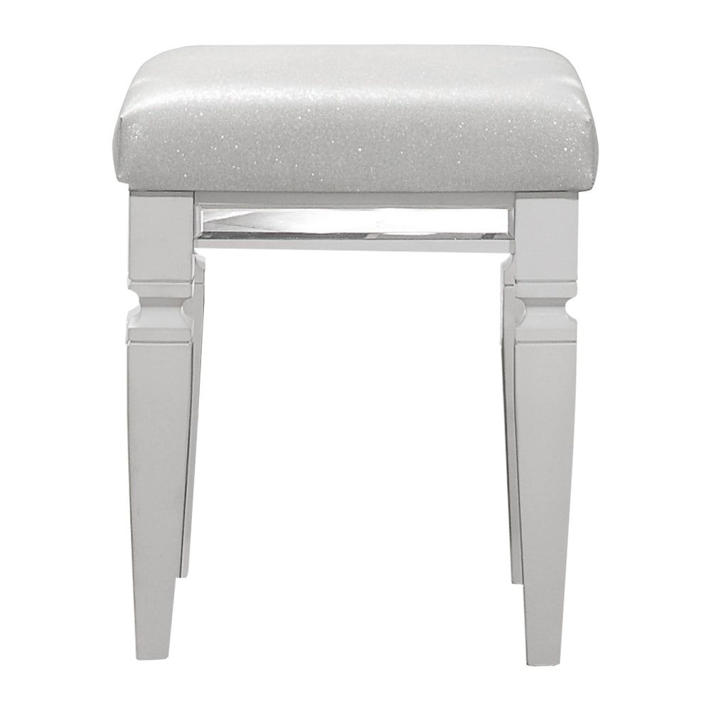 English Elm Modern Glam Vanity Stool Mirrored Frame Faux Leather White Seat Metallic Trim Stylish Bedroom Accent, 15.75x15.75x19.5" B011P365574
