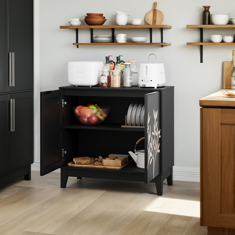 English Elm 31.5 Vintage Carved Buffet Cabinet with Adjustable Shelves, Waterproof MDF Sideboard for Home Storage Black W1706P311103