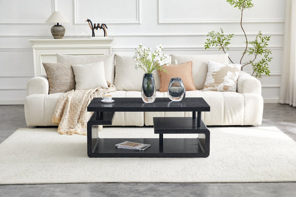 English Elm A Modern Two-tier Mdf Coffee Table with Open Shelf for Living Room Storage Black Woodgrain W3875P396801