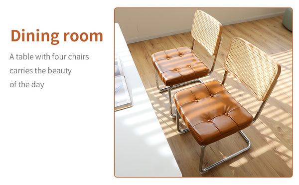 English Elm Dining Mid-Century Cantilever Chairs Set of 2 with Chrome Frame, Rattan Back and Faux Leather Seat Brown W2105P230515