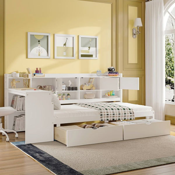 English Elm Wooden L-shape Twin Daybed with Desk Bookshelf and Nine Storage Compartments N733S351668K