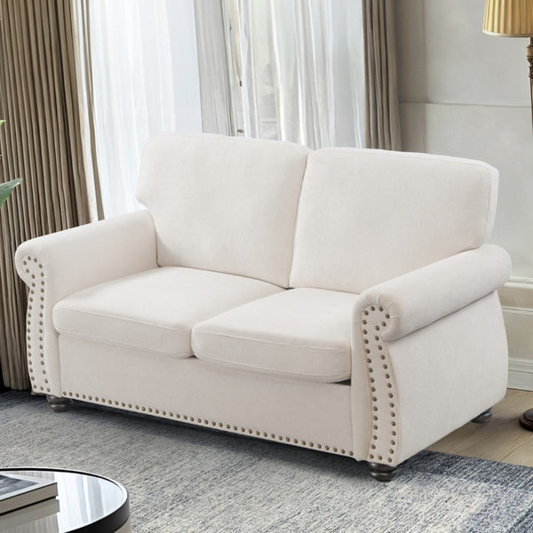 English Elm Soft Velvet Upholstered Loveseat with Turned Wood Legs Nailhead Trim Mid-century Style Ivory B2735P292313