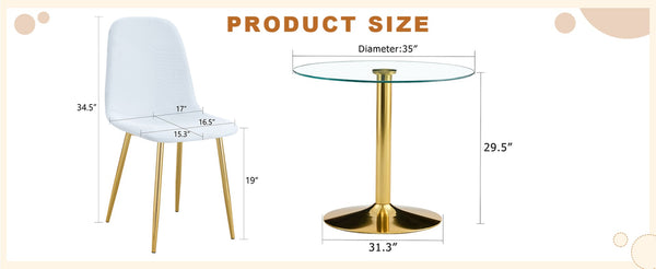 English Elm Table Set: 35" Round Transparent Glass Dining Table & 4 White Linen-Cotton Chairs With Gold Legs W1151S03701-GIGA