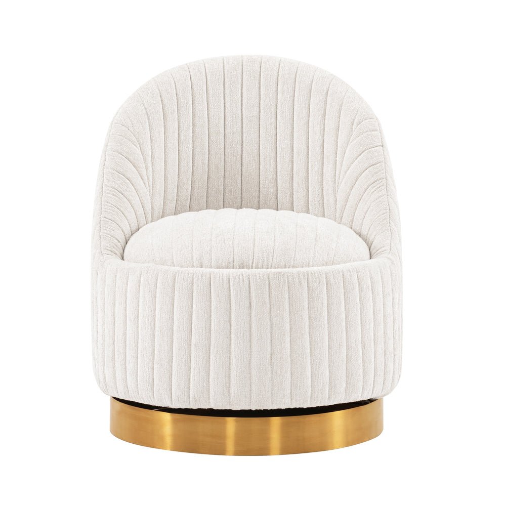English Elm Leela Plush Chenille Swivel Lounge Chair with Brushed Gold Base, Ribbed Stitching, 440lb Capacity Cream B365P397955