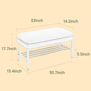 English Elm End of Bed Bench with Shelf - Linen Upholstered Storage Shoe Ottoman, Modern Metal Legs, 300 LB Capacity Gray W2725P207314