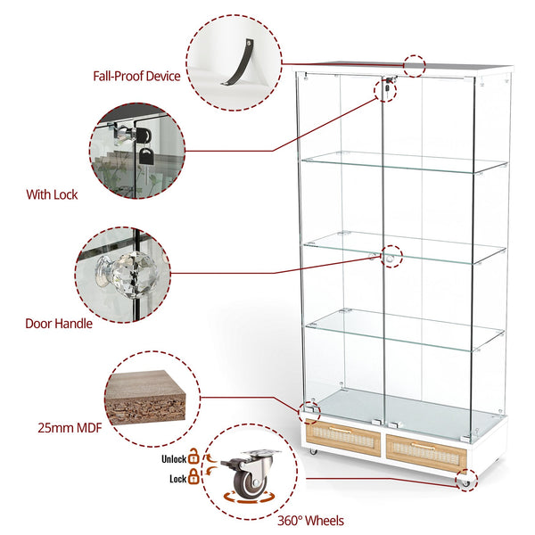English Elm Modern Glass Display Cabinet With Led Lighting, Lockable Drawers, And Adjustable Shelves For Home Décor W241S00059