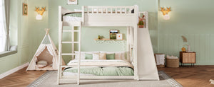 English Elm Queen Loft Bed with Upholstered Headboard Built-in Slide and Open Storage Shelves Beige W1580S00640