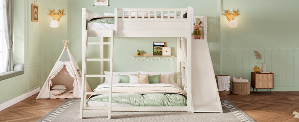 English Elm Queen Loft Bed with Upholstered Headboard Built-in Slide and Open Storage Shelves Beige W1580S00640