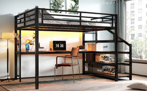 English Elm Queen Loft Bed With Desk, Storage Stairs, Led Lights & Usb Ports – Perfect For Modern Living Spaces! W1580S00477-GIGA