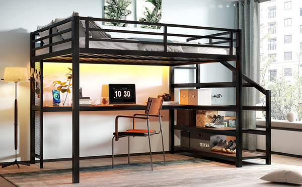 English Elm Queen Loft Bed With Desk, Storage Stairs, Led Lights & Usb Ports – Perfect For Modern Living Spaces! W1580S00477-GIGA