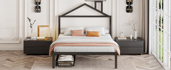 English Elm Full Metal Platform Bed with House-Style Headboard, Two Smooth Storage Drawers, Sturdy 350lb Capacity Black MF320571AAB