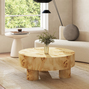 English Elm Jennifer Taylor Home - Nebula Round 35.5" Burl Wood Coffee Table with Pillar Legs — Warm Natural Brown, Stable Elegance B2719P405639