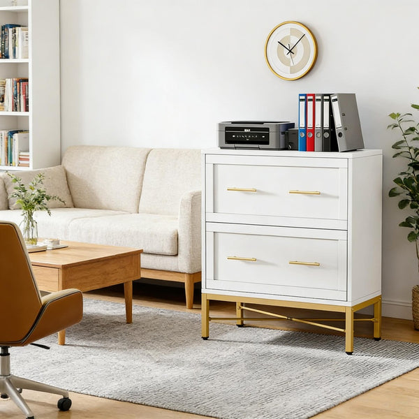 English Elm Multi-functional Nordic Filing Cabinet White Two Drawer Gold Handle Home Office Storage Gold,White T3971P449222
