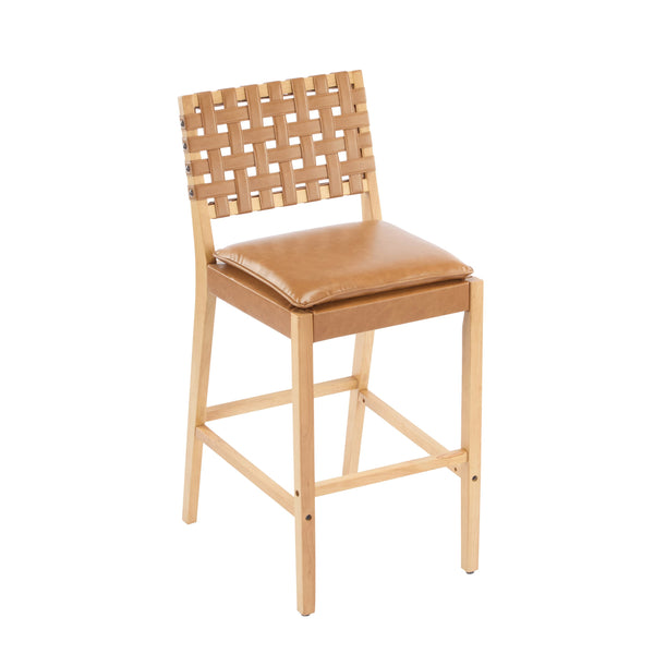 English Elm Christopher Knight Home® - Rieti PU Leather Barstools Set of 2 — Natural Rubberwood Frame, Geometric Crossback, Riveted Accents N775P271408B