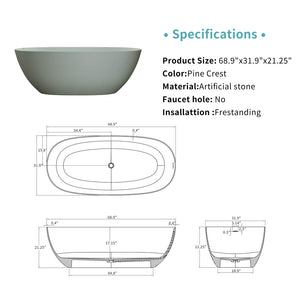 English Elm 69'' Freestanding Resin Stone Soaking Tub Spa Bathing with Polished White Surface Turquoise Green W2753P340339