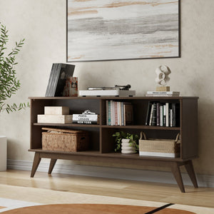 English Elm Draper Mid Century Low Bookcase with Solid Wood Craftsmanship, Tapered Legs & Four Open Shelves for Stylish Storage and Display Walnut Brown B136P238599