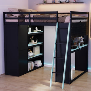 English Elm Full Size Wood Loft Bed with Wardrobe Desk Shelves Rgb Lighting and Blackout Curtains Black+Blue LT000269AAC-1