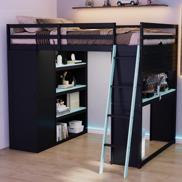 English Elm Full Size Wood Loft Bed with Wardrobe Desk Shelves Rgb Lighting and Blackout Curtains Black+Blue LT000269AAC-1