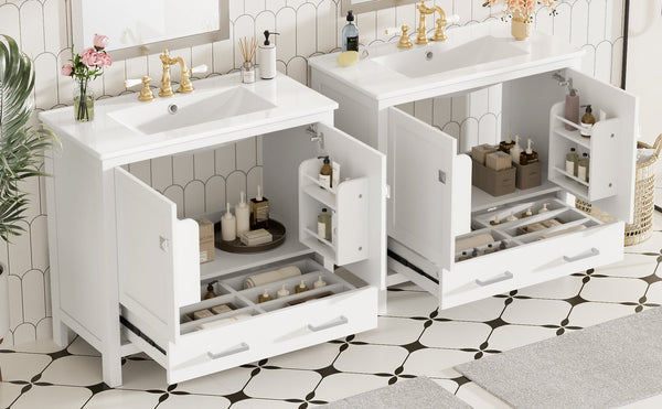 English Elm 72" White Bathroom Vanity Set with Dual Ceramic Sinks, Soft-Close Doors, Divided Drawers & Ample Storage, Solid Wood Frame, Easy Plumbing Access N729P000006K