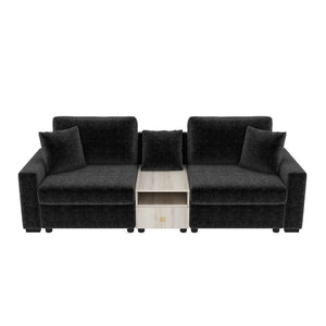 English Elm Modern Chenille Modular Sofa with Built-in Console Storage Armrest for Living Room Black N763S000063B