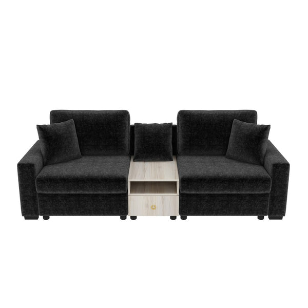 English Elm Modern Chenille Modular Sofa with Built-in Console Storage Armrest for Living Room Black N763S000063B