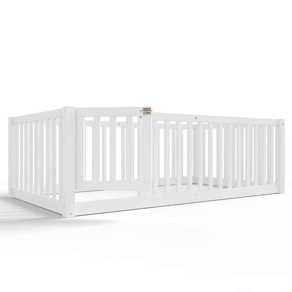 English Elm Twin Floor Bed Pine Wood Frame with Guardrails and Door for Safe Toddler Sleep W1580P417668