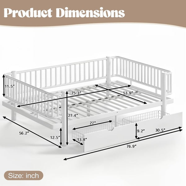 English Elm Full Size Metal Platform Storage Bed Low Profile Steel Frame with Built-in Drawers Light White W5305P471351
