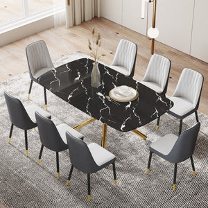 Hearth and Haven Large Modern Minimalist Rectangular Dining Table with 0.39 "Imitation Marble Black Tabletop and Golden Metal Legs, Paired with Chairs with Leatherette Cushions and Black Metal Legs. F-1537 C-007 W1151S00881 W1151S00881