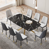 Large Dining Set: Black Marble-Look Table, 6 Leatherette Chairs, Gold Legs