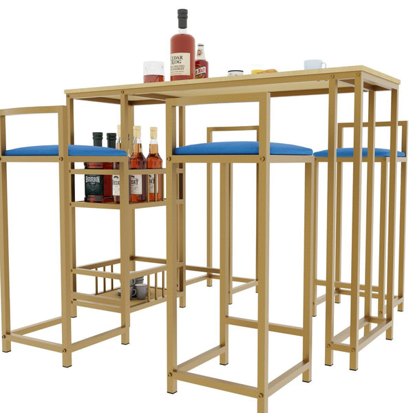 English Elm Bar Table and Four Cushioned Chairs Gold Iron Frame with Built-in Shelf Coastal Style W3064P245382