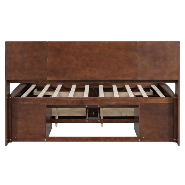 English Elm Full Full Size Wooden Captain Bed with Bookcase Headboard, 4 Drawers, 2 Cabinets, Antique Brown Storage Elegance GX001037AAD