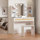 English Elm Vanity Desk Set Stool & Dressing Table With Led Lighting Mirror Drawer and Compartments Modern Wood Cosmetic Table Chest Of Drawers White Color