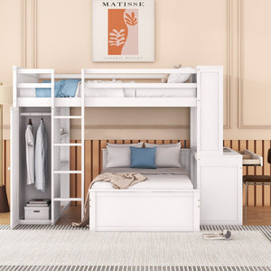 English Elm Full Twin Loft Bed with Desk Wardrobe Shelves Pine Wood Frame Kids Bedroom White LT000821AAK-1