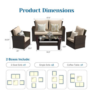 English Elm 4-piece Outdoor Wicker Conversation Set with Tempered Glass Table and Resort Style Brown B082S00060