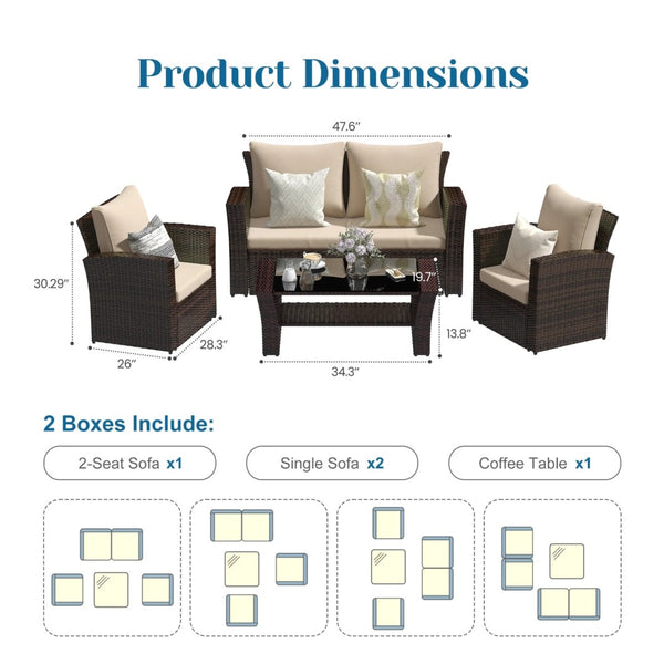 English Elm 4-piece Outdoor Wicker Conversation Set with Tempered Glass Table and Resort Style Brown B082S00060