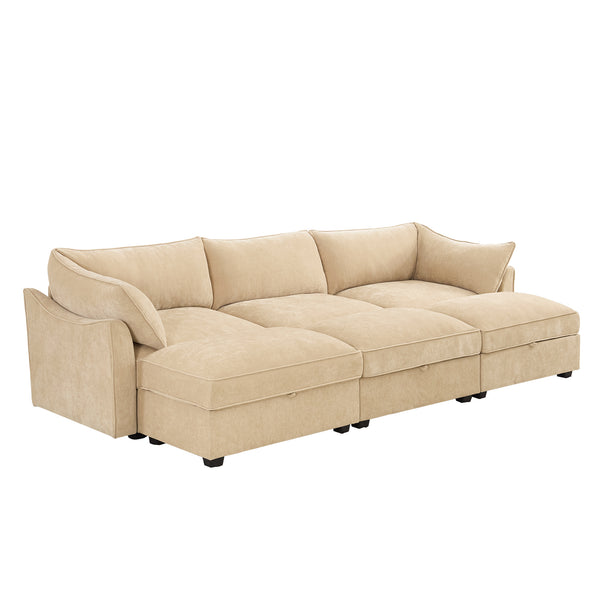 English Elm 3-Seater Sofa Set With Footstools And Pull-Out Drawers, Cozy Chenille Upholstery In Wheat Color W3041S00178