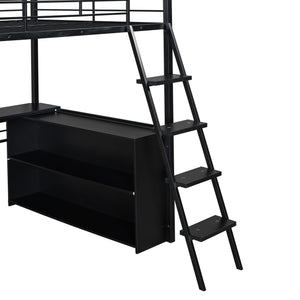 English Elm Full Metal Loft Bed with LED Desk & 4 Shelves, Black – Sturdy Full Frame, Color-Changing Lights, Compact GX000653AAB