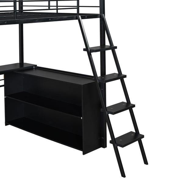 English Elm Full Metal Loft Bed with LED Desk & 4 Shelves, Black – Sturdy Full Frame, Color-Changing Lights, Compact GX000653AAB