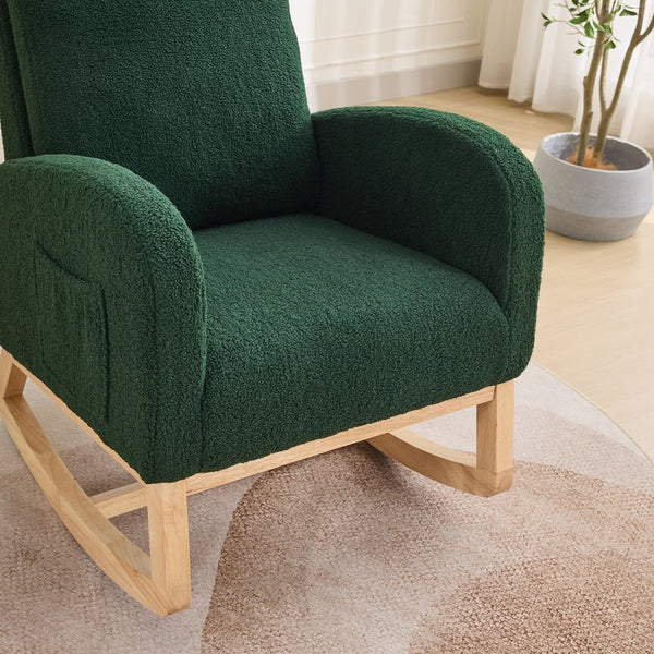 English Elm 27.2"W Rocking Chair Sherpa Glider with High Back and Side Pocket, Cozy Foam Seat, Rubber Wood Legs Green W3188P304605