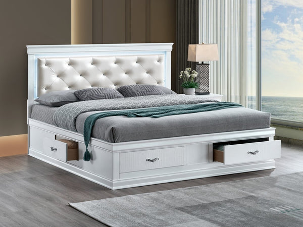 English Elm Lorana King Platform Bed with Led Lighting Tufted Faux Leather Glam Storage Frame White B078S00697