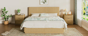 English Elm Queen Bed Frame with Led Lighting Curved Groove Panels and Floating Base Modern Bedroom Oak W1820S00052