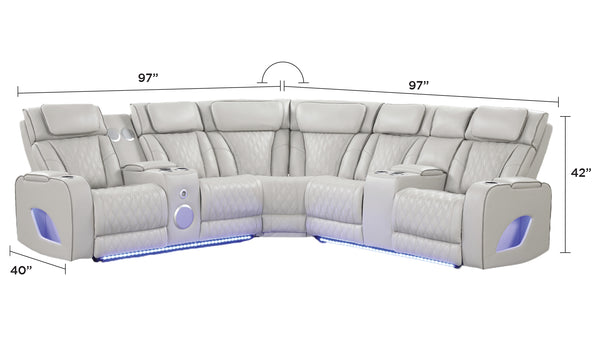 English Elm Fortuner Modern power recliner sectional with massage, Bluetooth speakers, LED lighting, USB charging, storage Beige B009S01798