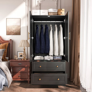 English Elm Shaker Two Door Wardrobe Armoire with Hanging Rod Drawers and Bedroom Storage T3210P477663