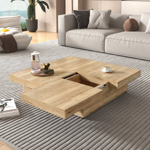 English Elm Square Marble Veneer Coffee Table with Sliding Top Hidden Storage Pedestal Base Natural N735P388120N
