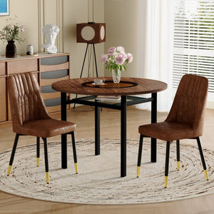 English Elm Table and Chair Set 42 Inch Round Wood Grain Top with Glass Inlay Modern Dining W1151S04491
