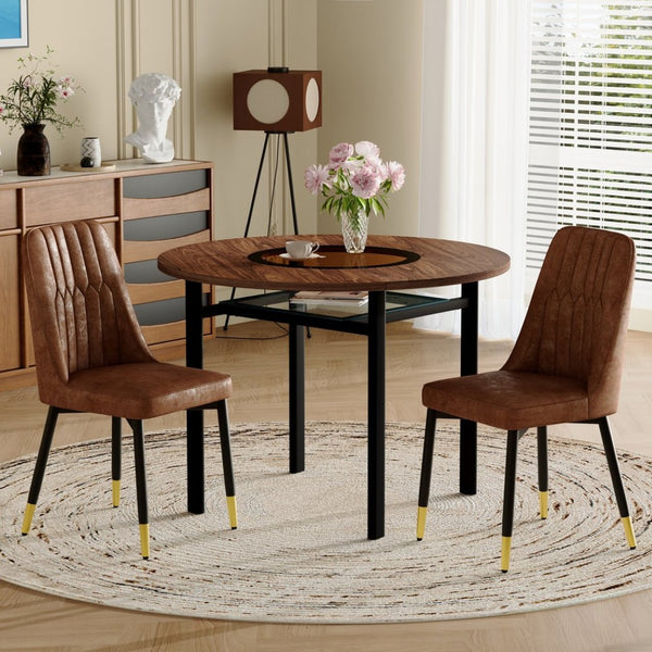 English Elm Table and Chair Set 42 Inch Round Wood Grain Top with Glass Inlay Modern Dining W1151S04491